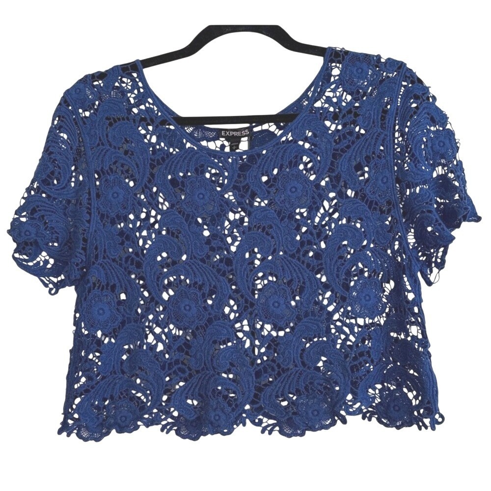 Express Blue‎ Floral Crochet Lace Crop Top Short Sleeve Scoop Neck S